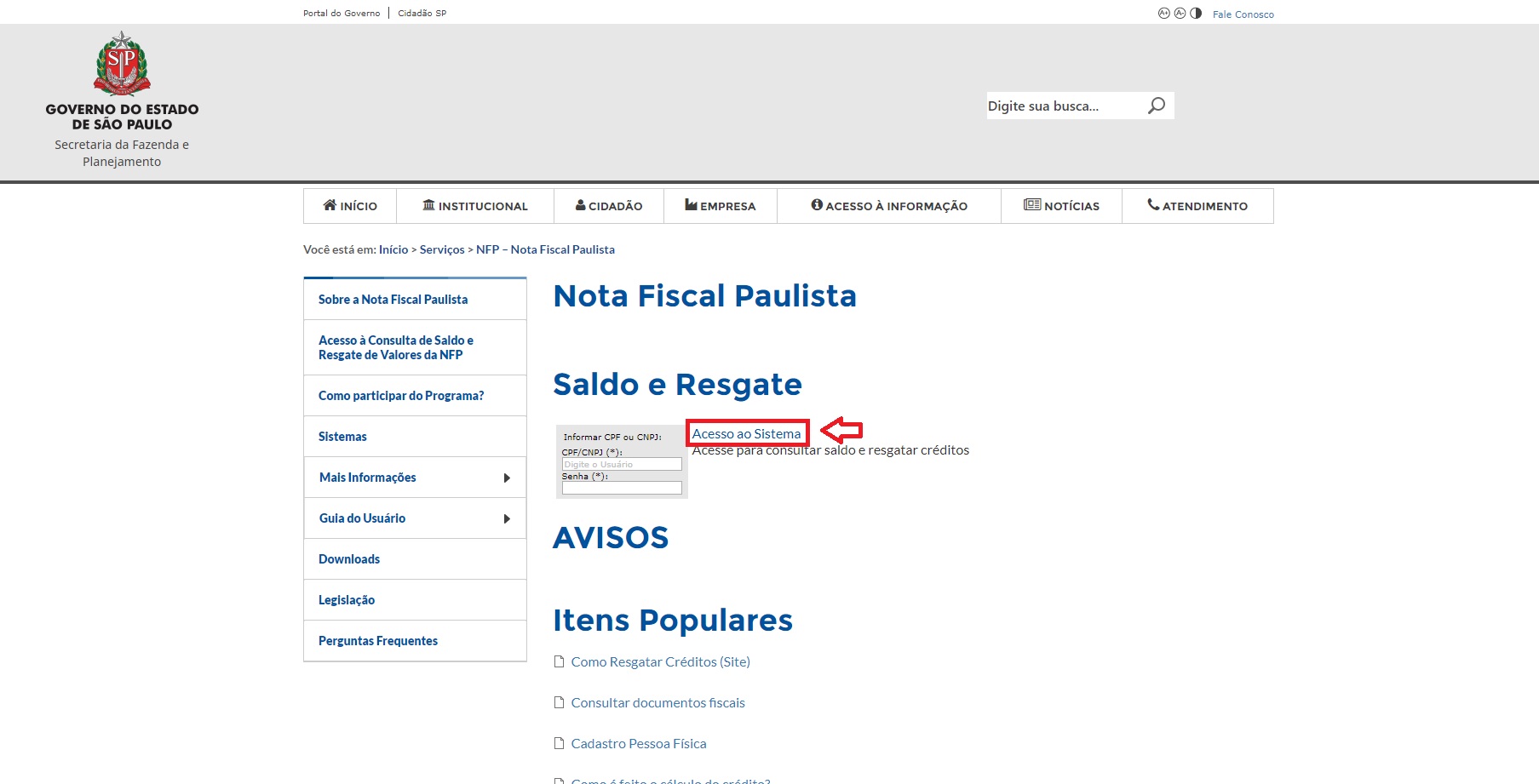 1 – Acesse o site www.nfp.fazenda.sp.gov.br